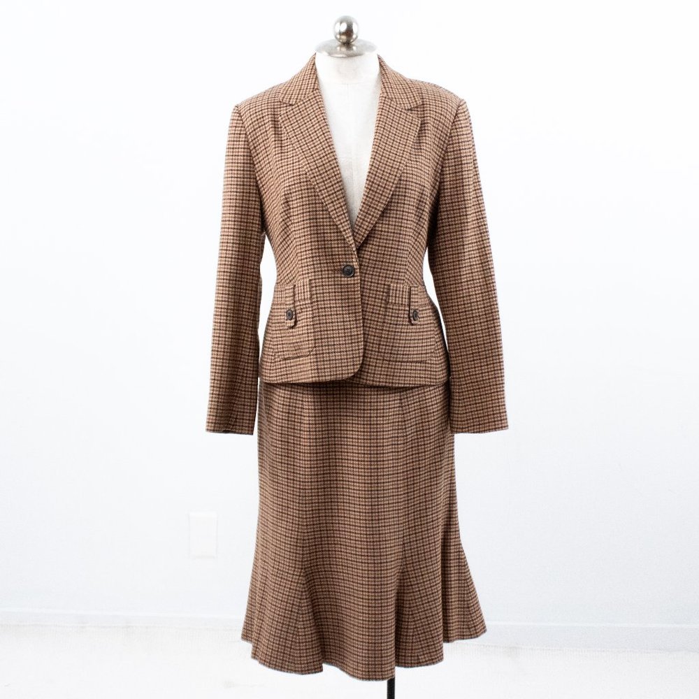 Vintage 90s M Wool Plaid Blazer Skirt Suit Brown - Picture 16 of 16